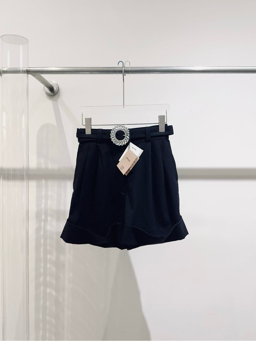 🚩steal Miu Miu Black Pleated Mini Shorts with Crystal Buckle
